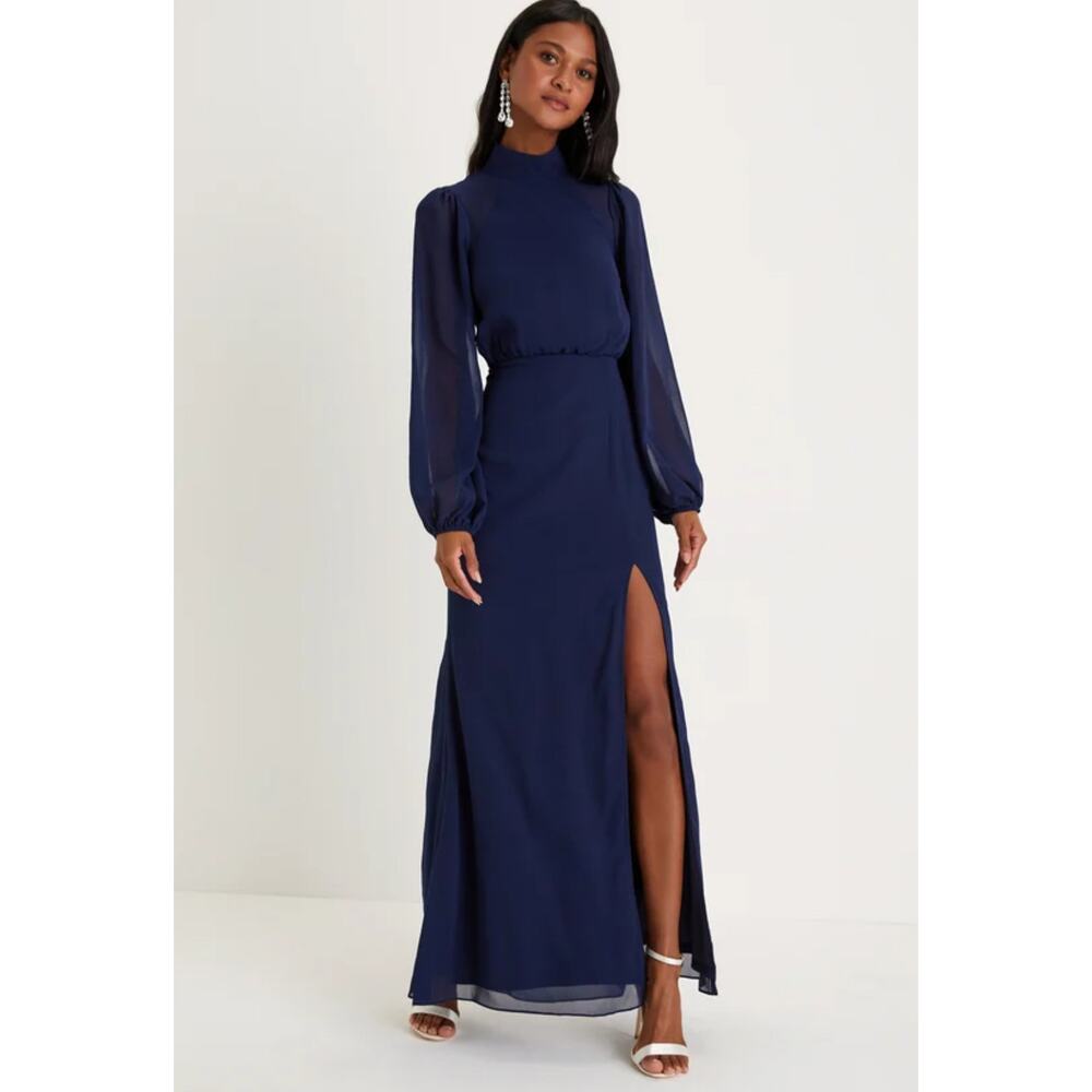 Lulus Graceful Entrance Long Sleeve Backless Maxi Dress Size S Blue Wedding Gues